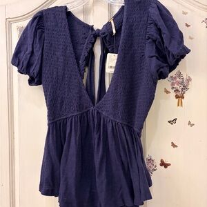Free People Deep Blue Smocked Blouse